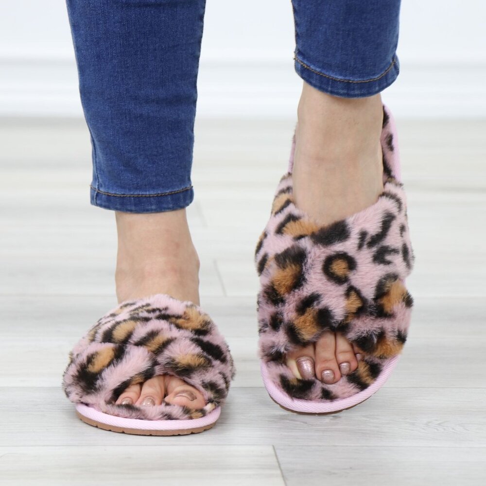 Cross Strap Leopard Blush Pink Puff Fuzzy Fluffy Slip On Plush Slippers